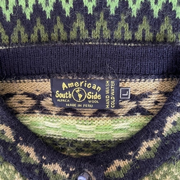 American South Side Peruvian Green Aztec Alpaca Wool Sweater Size Large - Picture 5 of 5